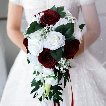 Artificial Rose Bouquet for Wedding Bride, White + Wine Red Bouquet for Home Holiday Party Supplies