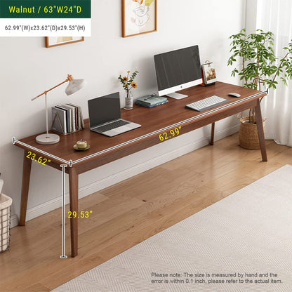 NELYE Mid-Century Long Desk Table - 63" Simple Modern Extra Long 2-Person Wood Computer Workstation for Home Office Work in Walnut, 63" W x 24" D