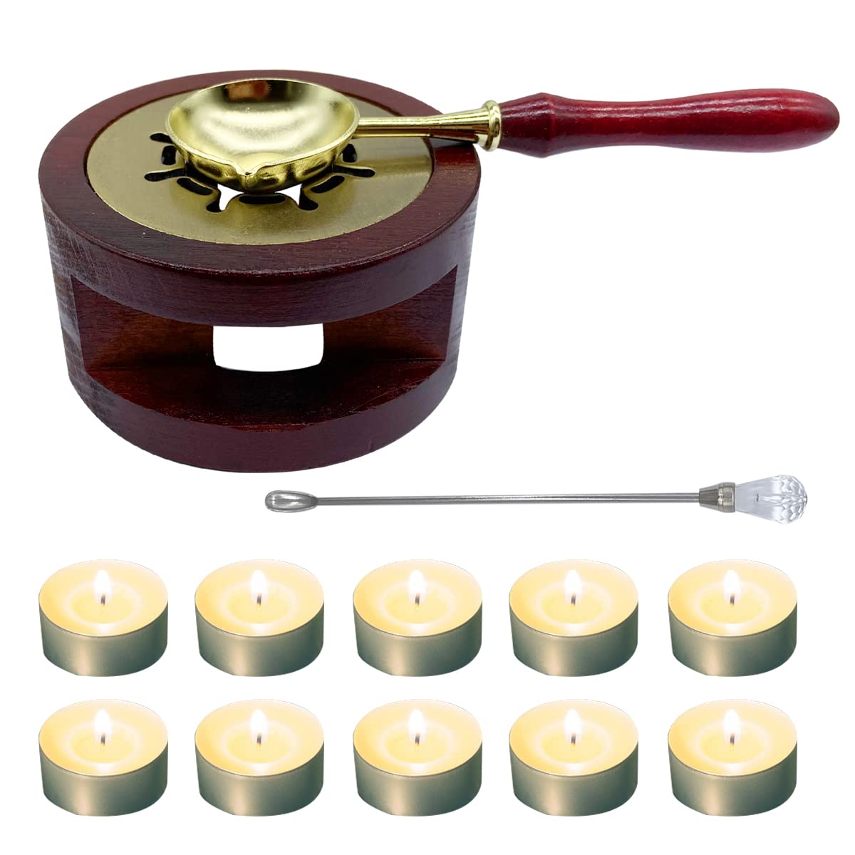 Wax Seal Warmer Kit Melting Furnace Tool with Spoon and Stir Stick, Tealight Candles Set for Wedding Wax Envelope Seal Stamp (Redwood B)