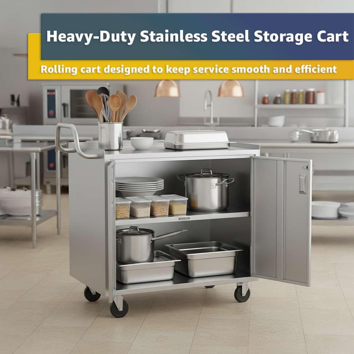 21" x 33" Commercial NSF Stainless Steel Utility Cart - 3 Shelf Enclosed Base with Locking Doors, Heavy-Duty Service Cart on Wheels for Kitchens and Catering