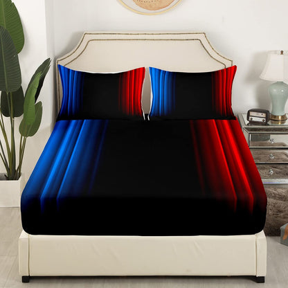 Feelyou Geometric Abstract Ombre Women Bed Sheets Kids Teens Blue Red and Black Striped Sheet Set Decor Modern Fashion Bed Set Bedroom Collection 4Pcs Queen Size