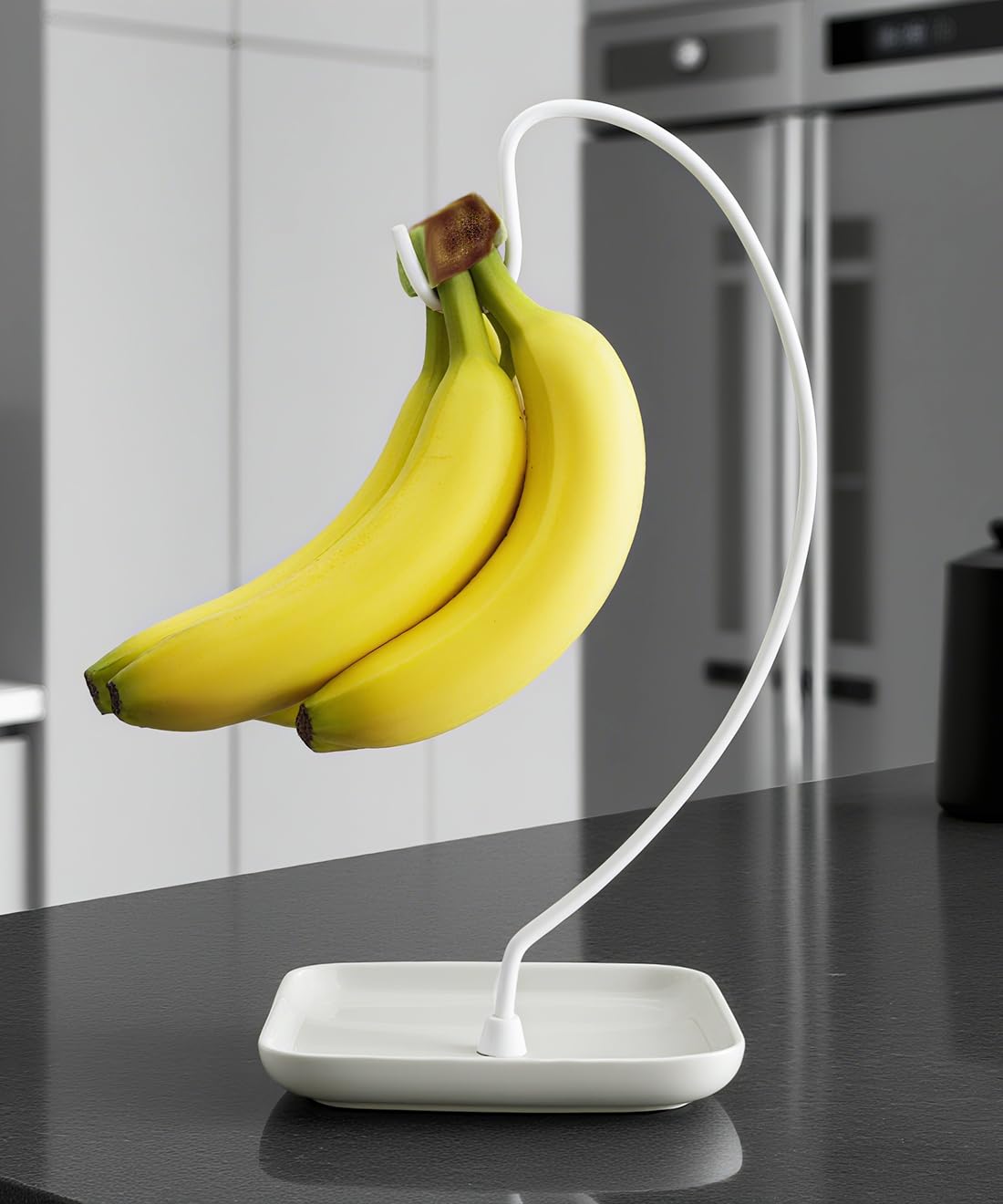 VROOMIUM Banana Holder Stand with Ceramic Bowl - Holds Up to 5 Pounds Bananas, Hassle-free Cleaning, Stylish and Chic Design Banana Rack, White