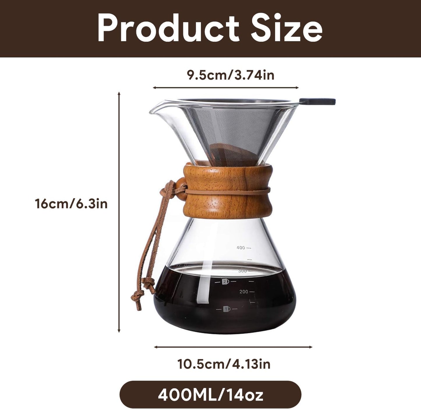 Tissting Wood Neck Pour Over Coffee Maker, 400ml Sleeve Brewer with Permanent Stainless Steel Filter
