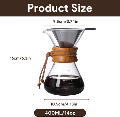 Tissting Wood Neck Pour Over Coffee Maker, 400ml Sleeve Brewer with Permanent Stainless Steel Filter