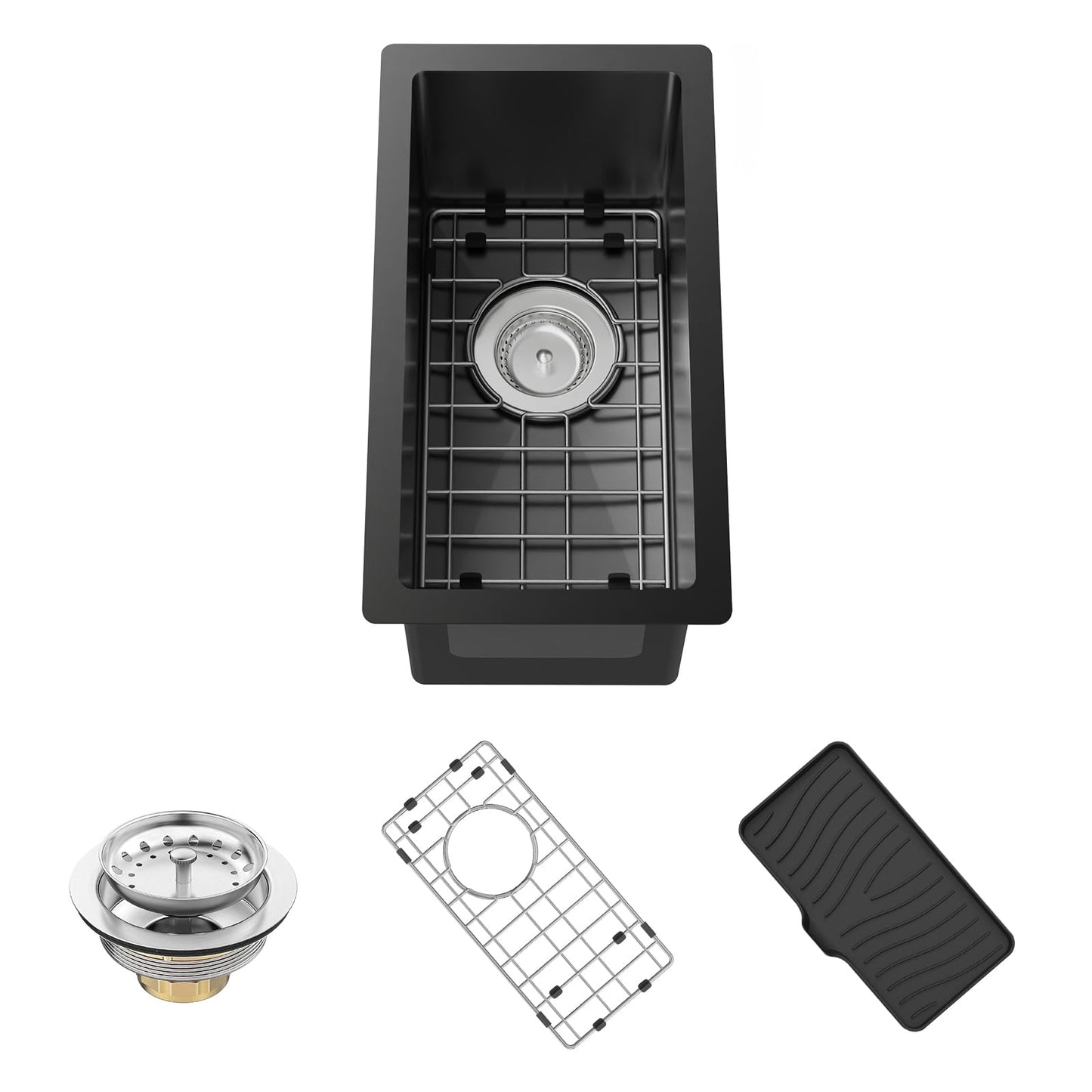 Black Kitchen And Bar Sink,10x18 Inch Stainless Steel Drop In Single Bowl Undermount RV Prep Small Kitchen&Bar Sink Ideal Choice For Small Space Come With Bottom Grid,Soap Mat And Drain Assembly