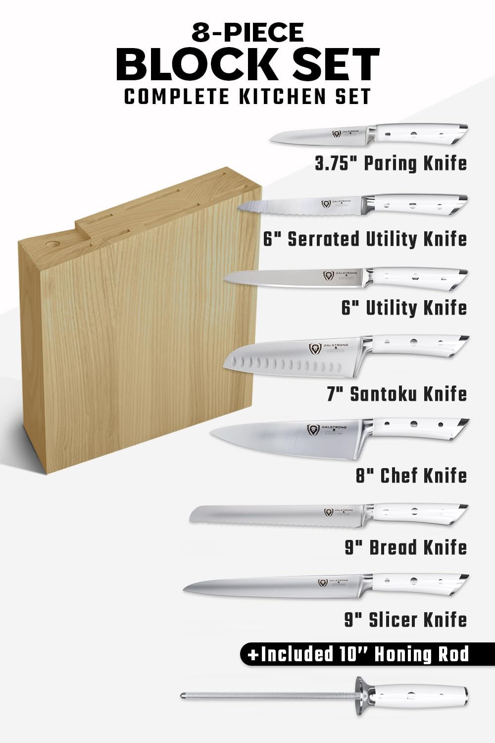 Dalstrong Knife Set Block - 8 Piece - Gladiator Series - German High Carbon Steel Kitchen Set - Premium Food-Grade White ABS Polymer Handles - NSF Certified