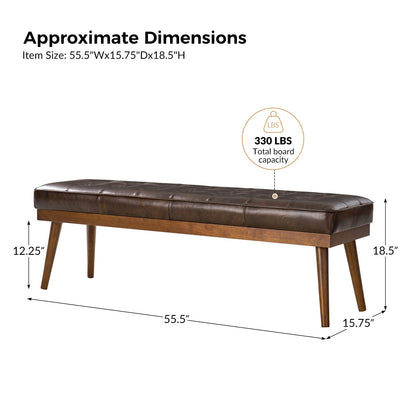 HULALA HOME 55.5" Genuine Leather Bench, Button-Tufted Entryway Bench with Solid Wood Legs, Upholstered End of Bed Bench for Bedroom, Chocolate