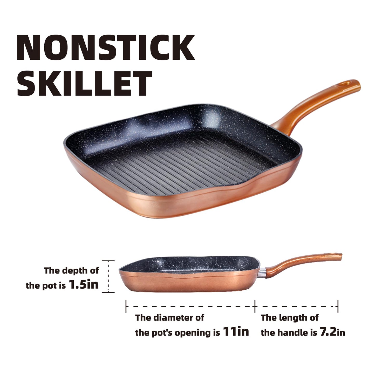 QUANSHANGJU Nonstick Grill Pan for Stove Tops, 11 Inch Versatile Griddle Pan with Pour Spouts,Square Grill Pan for Indoor Cooking Surface, Durable Grill Skillet for Indoor & Outdoor Grilling.PFOA Free