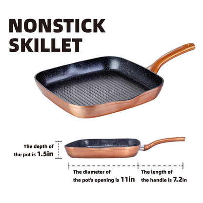 QUANSHANGJU Nonstick Grill Pan for Stove Tops, 11 Inch Versatile Griddle Pan with Pour Spouts,Square Grill Pan for Indoor Cooking Surface, Durable Grill Skillet for Indoor & Outdoor Grilling.PFOA Free