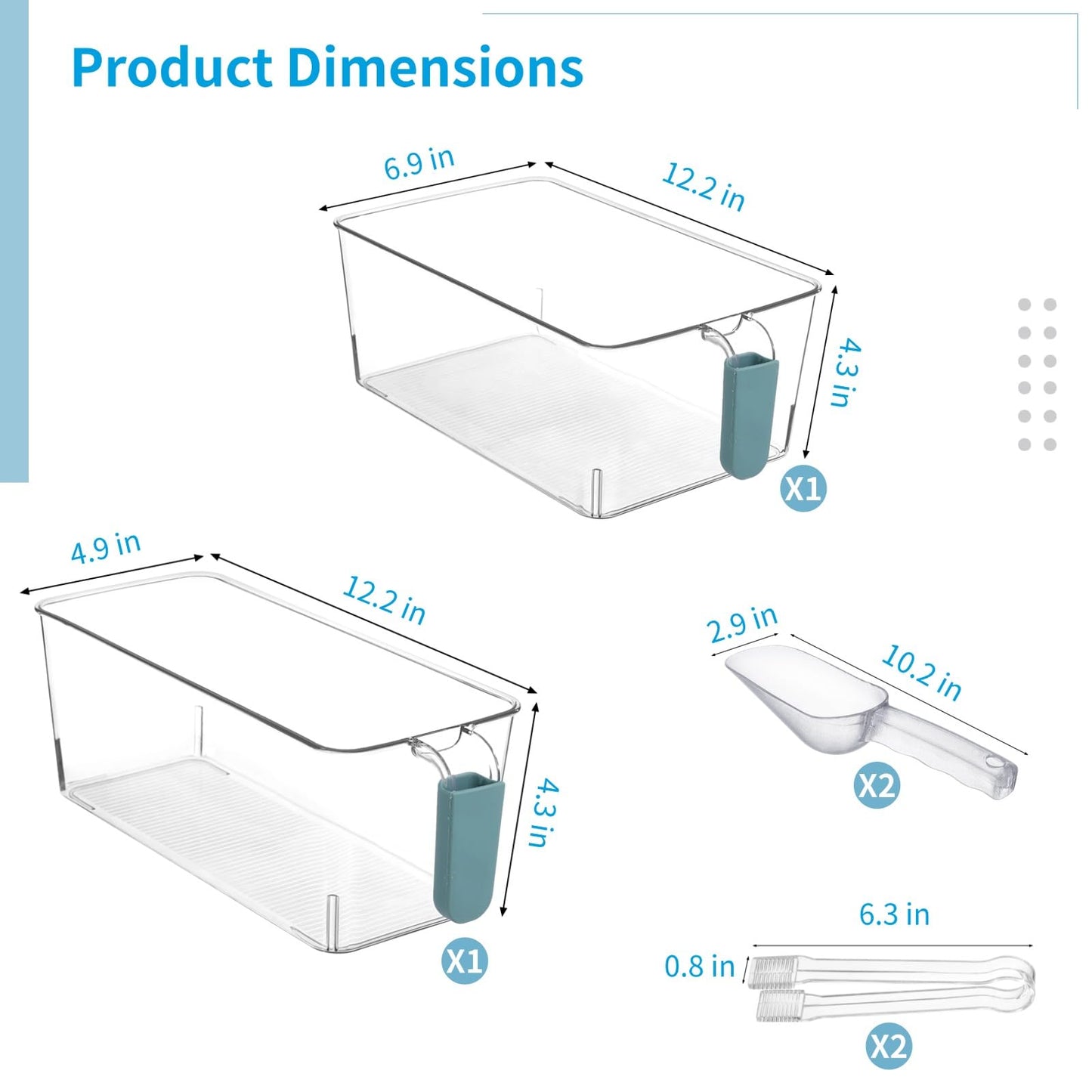 2 Pcs Ice Bin with Scoop and Tong, Ice Bucket with Handle for Freezer, 2 Sizes Clear Plastic Ice Container for DIY Drink Summer Party, 12.2 x 6.9 x 4.3 in, 12.2 x 4.9 x 4.3 in, Cyan