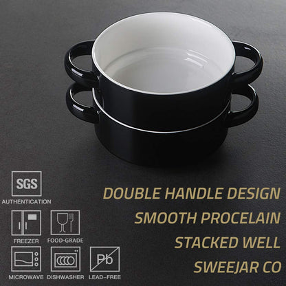 Sweejar Ceramic Soup Bowls with Double Handles, 20 Oz Stacked Bowls for French Onion Soup, Cereal, Pot Pies, Stew, Chill, Pasta, Set of 4 (Black)