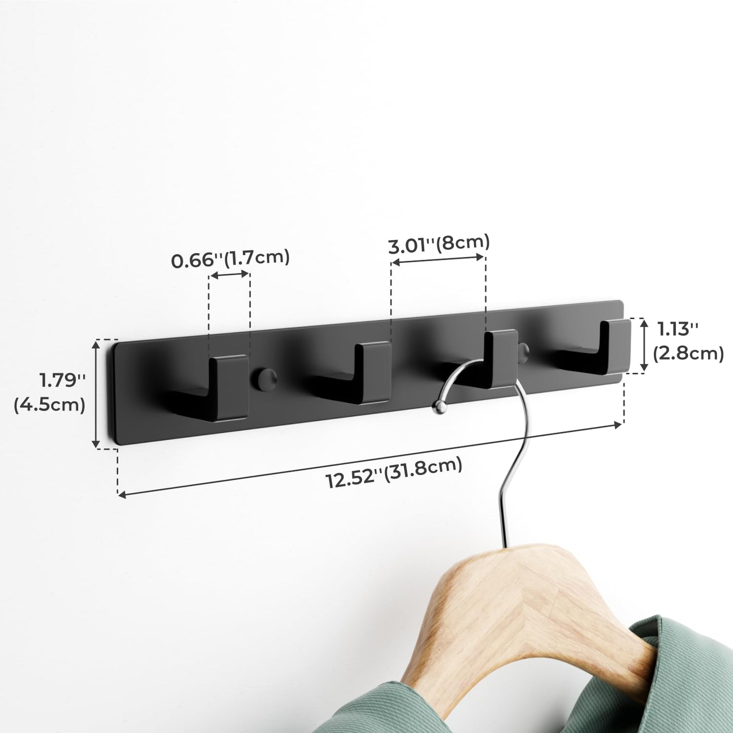 GWAAZXGZ Black Coat Rack Wall Mount - 12.5 inch Modern Metal Hook Rail with 4 Right-Angle Hooks, Drill-Mounted Organizer for Coats, Hats, Bags in Entryway, Bathroom, Bedroom (2 Pack)
