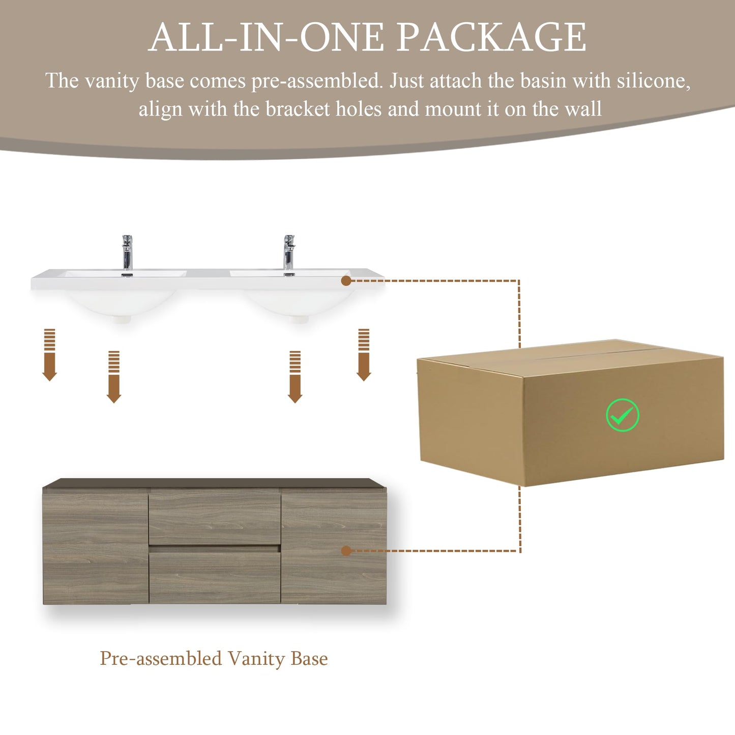 KEIKI 60'' Wall-Mounted Bathroom Vanity with Double Sinks - Floating Design, 2 Soft-Close Drawers & Doors & Resin Basin, Space-Saving for Small Bathrooms, Ash Grey