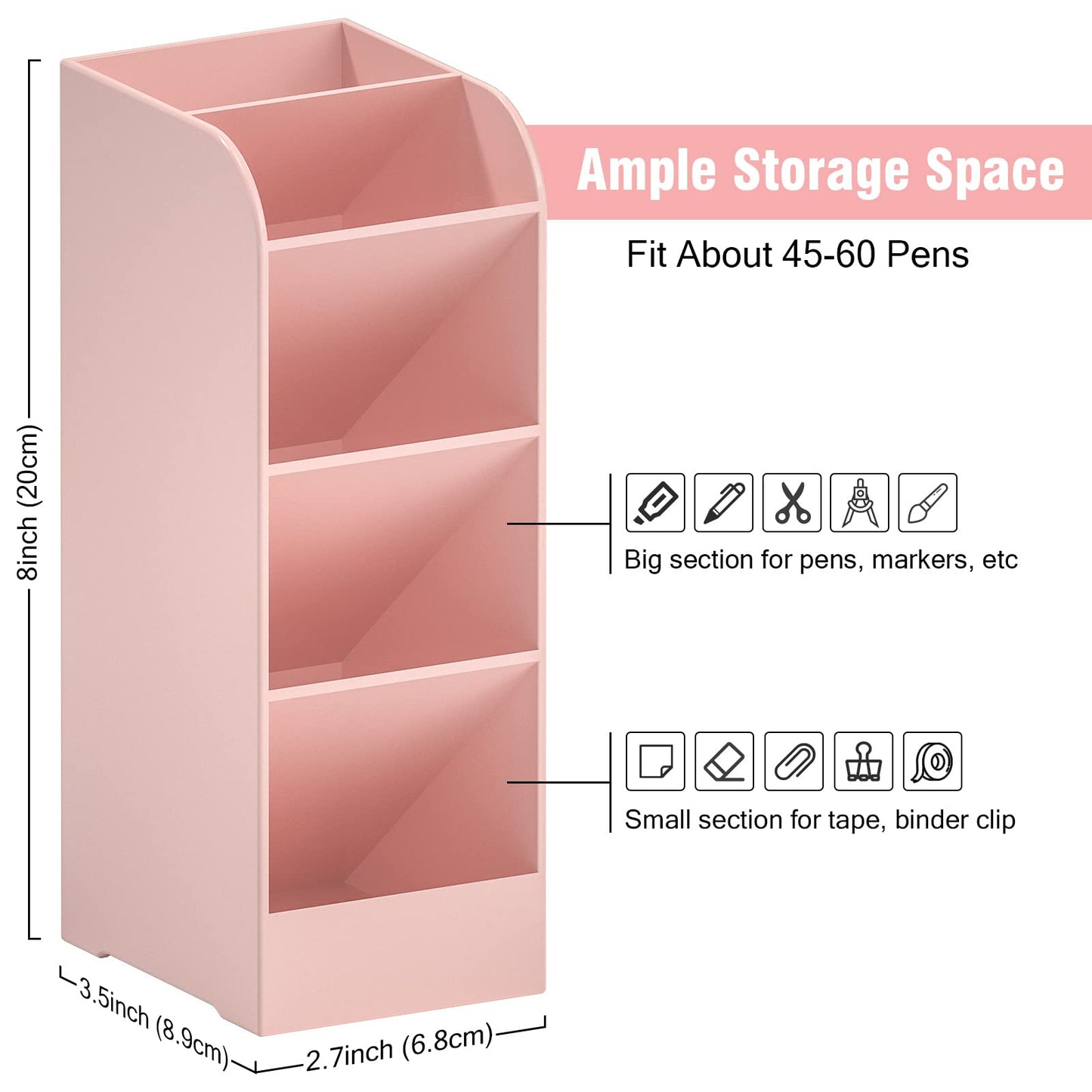Asten Pen Holder, Pencil Holder for Desk, Pen Organizer for Office, School, Desktop, Large Capacity Pen Storage Organizer with 5 Compartment for Pens, Markers, Makeup Brush, Cosmetics (Pink, 3 Pack)