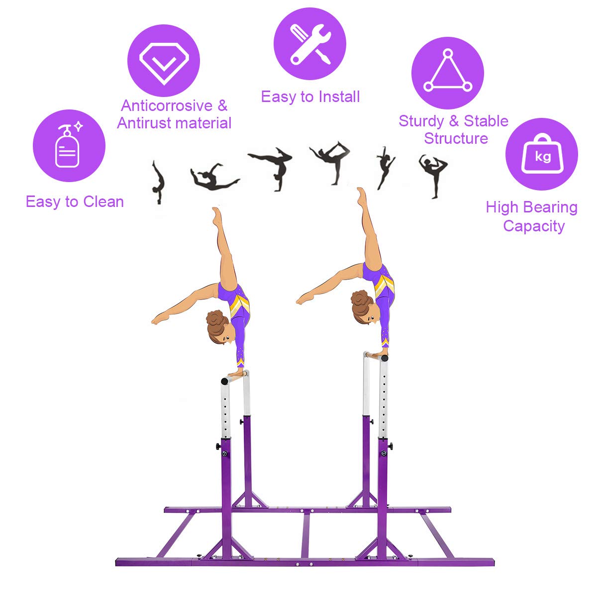 GOFLAME Double Horizontal Bars, Gymnastics Parallel Bars with Adjustable Height and Width, Junior Training Gym Bar for Kids, Ideal for Indoor Outdoor Use (Purple)