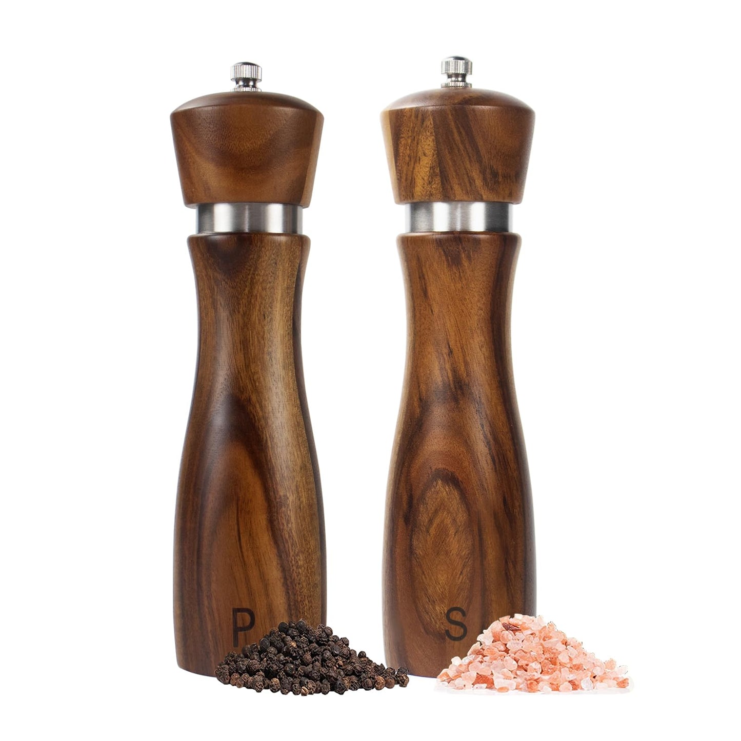Haomacro 2 Pack Wood Salt and Pepper Grinder Set, Acacia Wood Salt and Pepper Grinder Mill Pepper Grinder Ceramic Stainless Steel Core-8 Inch