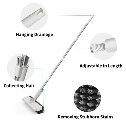 Floor Scrub Brush with Long Handle, 3 in 1 Scrape and Heavy-Duty Stiff Bristle Scrubber Brush for Cleaning Shower Bathroom, Patio, Pool, Garage, Kitchen, Wall and Deck (White, 1 Pack)