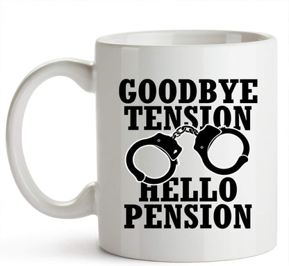 YouNique Designs Goodbye Tension Hello Pension - 11 Oz Portable Coffee Mug, Retirement Gift for Police Officer