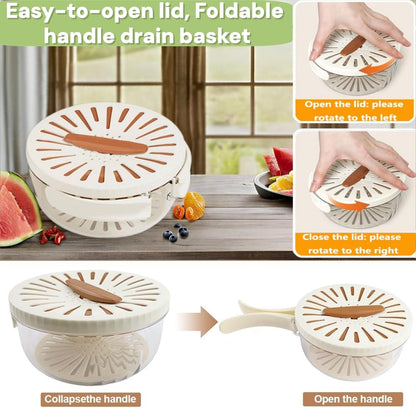 Multifunctional Fruit Washing Bowl with Strainer,2 in 1 Drain basket and Fruit Strainer Container with Lid,Fruit Washer Bowl for Kitchen,Fridge,Picnic & Camping(1QT)