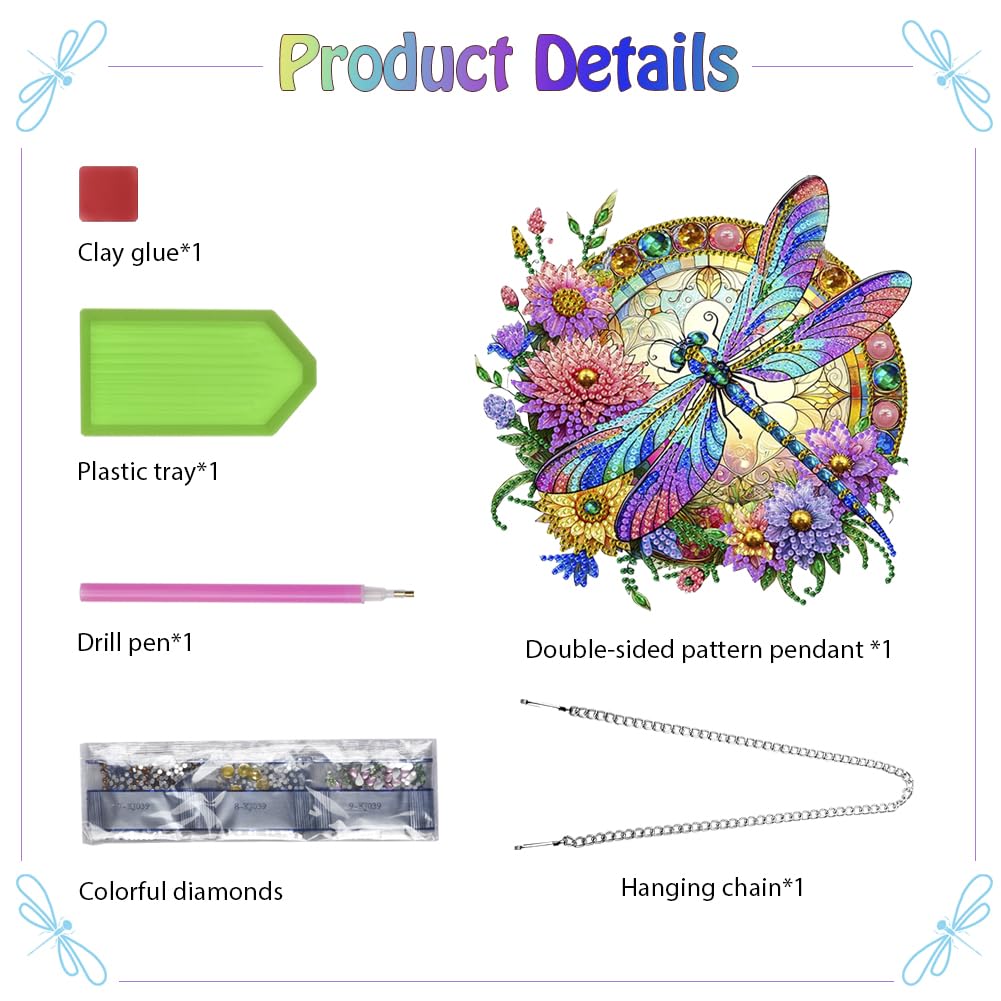 Koikify Diamond Painting Hanging Pendant Kit for Adults, Flower & Dragonfly Diamond Art Window Hanging Ornament with Double-Sided Pattern, Indoor Home Decoration and Gift