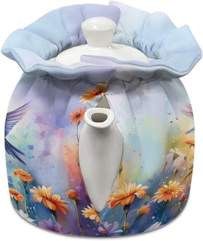 Floral Hummingbird Tea Cozy for Teapot, Kitchen Kettle Cover, Soft Cloth Dust Cover for Coffee Pot and Tea Pot