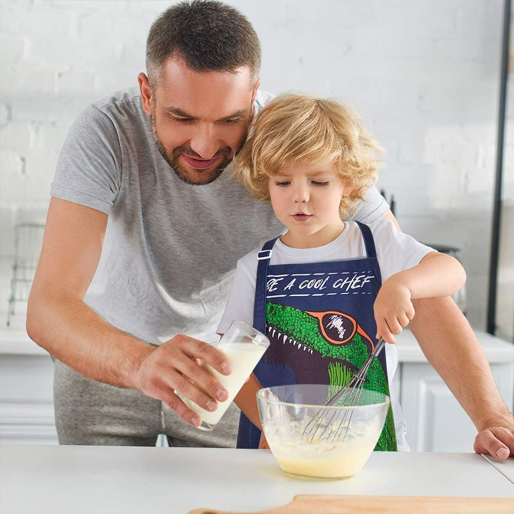 MHJY Kids Apron and Chef Hat for Boys, Adjustable Dinosaur Child Aprons with Pockets for Cooking Baking Painting 3-12