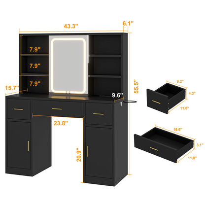 knoworld Vanity Desk with Sliding Mirror & LED Lights, Smart Makeup Table with Charging Station, Hairdryer Holder, 7 Shelves, 3 Drawers, 2 Cabinets, Vanity with Extra Hidden Stroage for Bedroom,Black