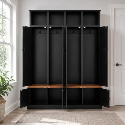 FILWY Vibe Haus 76.7 Inch Farmhouse Hall Tree, 4-in-1 Entryway Bench with Coat Rack, Cabinet, Open Cubbies and Hooks, MDF Storage Organizer for Hallway, Mudroom, Living Room,Black
