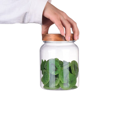 YUEJUM 42 Fluid Ounces Unbreakable & Dishwasher Safe Plastic Apothecary Jar with Wooden Airtight Screw Top Lid, Food Storage Canister for Sugar, Tea, Spices, Coffee, Cookie, Candy Containers
