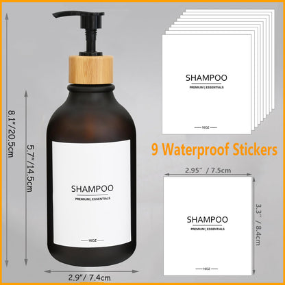 Frosted Plastic Shampoo and Conditioner Bottles, Apothecary Dispenser Bamboo Pump, Refillable Bottles for Shower Lotion, Oil, Hand Soap, Sanitizer, Liquid Soap, Set of 3 with 9 Labels (3, Matte Amber)