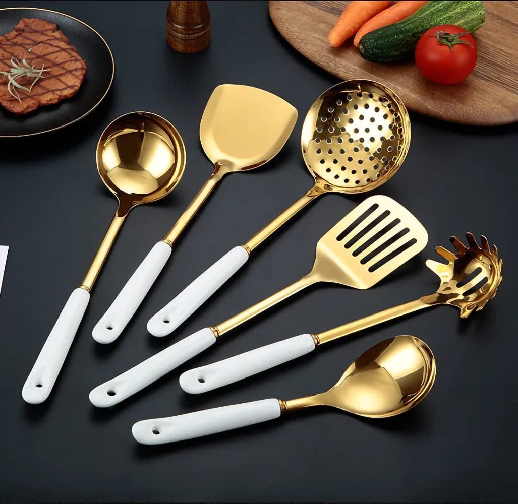 AQUAX Stainless Steel kitchenware seven Pieces Set (White Gold).Cooking Utensils 7 pcs Set with hanging shelf .Include Slotted Spoon, Slotted Spatula, Large Spoon, Soup Ladle, Spatula, Pasta spoon.