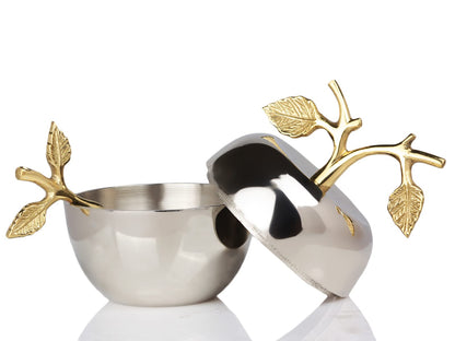 Silver Honey Jar Dish, Apple & Leaf Honey, Jam Server with Dipper Spoon Ideal for Serving Honey, Jams, Jellies, Gorgeous Gold Leaf Spoon, Stainless Steel & Brass, Everyday Rosh Hashanah & any Occasion