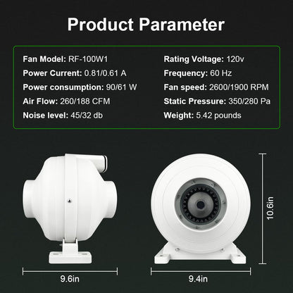 Dcfairfan 4x4 inch Radon Installation Fan Kit, Radon Mitigation System Kit Inline Duct Fan IP67 Waterproof, Indoor Outdoor Ventilation Commercial/Residential, Rubber Coupler, Manometer