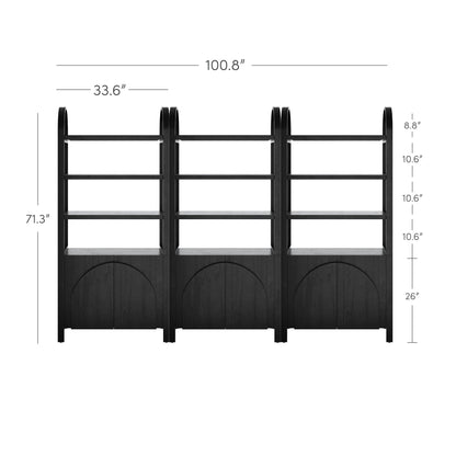 Nathan James Iris 3 Tier Bookshelf, Arched Bookcase Cabinet, Solid Wood Bookcase with Cabinet Base, Boho Bookshelf in Midnight Charcoal Finish, Set of 3