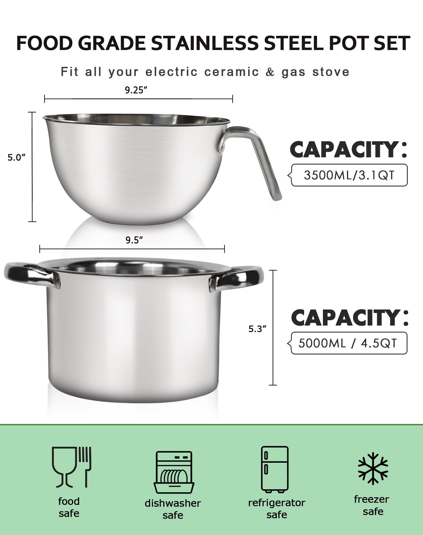 Large Double Boiler Pot Set,3500ML/3.1QT Mixing Bowl for Chocolate Melting, 5000ML/ 4.5QT 304 Stainless Steel Pot With Silicone Spatula for Melting Chocolate, Candy, Candle, Soap, Wax