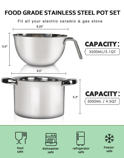 Large Double Boiler Pot Set,3500ML/3.1QT Mixing Bowl for Chocolate Melting, 5000ML/ 4.5QT 304 Stainless Steel Pot With Silicone Spatula for Melting Chocolate, Candy, Candle, Soap, Wax
