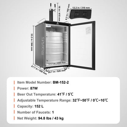 VEVOR Beer Kegerator, Dual Tap Commercial Draft Beer Dispenser for D system, Full Size Keg Refrigerator with 5lbs CO2 Tank, Hold 2 Sixth / 2 Ball lock keg, Black