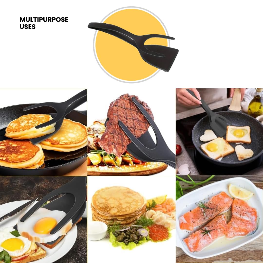 Paxnok 2-in-1 Silicone Egg Flipper Spatula Tongs Non-Stick Grip & Flip Turner for Eggs, Pancakes, Fish, Steak – Heat-Resistant, Dishwasher Safe Cooking Tool (Black - 1Piece)