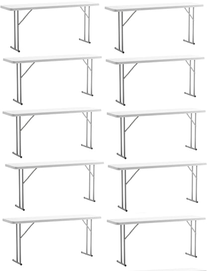 BTEXPERT Set of 10, 5-Foot - 60" Long White Plastic Folding Seminar Training Table Portable 18" Wide Narrow, 29" High, Events Indoor Outdoor Lightweight