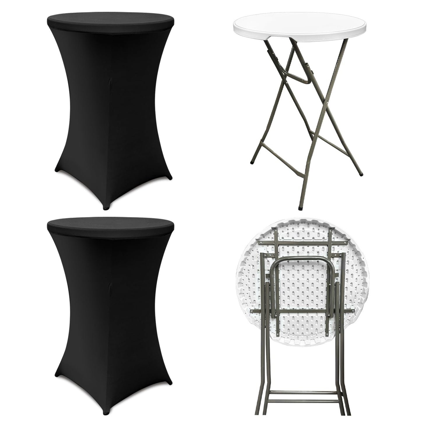 Sowhatsowoo 2 Sets 32" High Top Round Folding Cocktail Tables White Bar Height with Removable Legs & 32"x43" Spandex Stretch Black Table Covers Hightop Table for Outdoor Indoor Wedding Parties