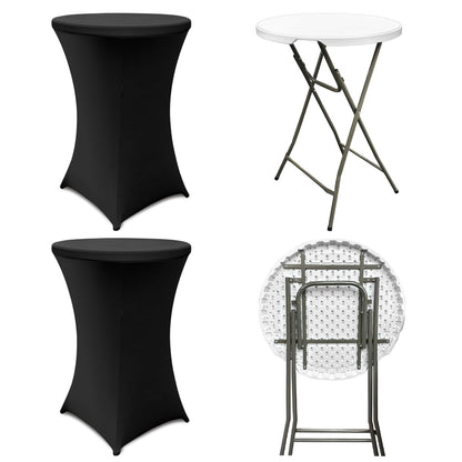 Sowhatsowoo 2 Sets 32" High Top Round Folding Cocktail Tables White Bar Height with Removable Legs & 32"x43" Spandex Stretch Black Table Covers Hightop Table for Outdoor Indoor Wedding Parties