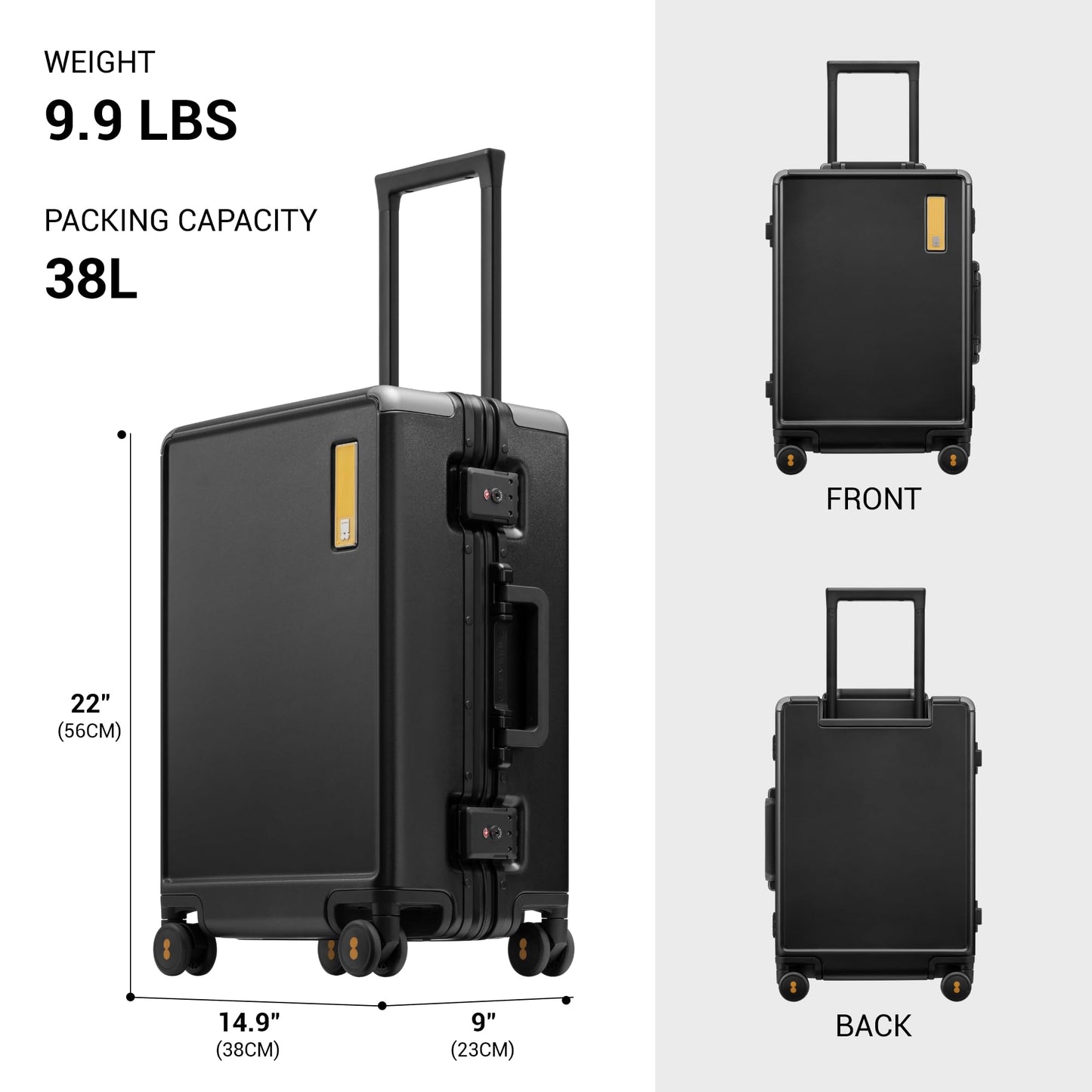 LEVEL8 Zipperless Carry On Suitcase Airline Approved with Aluminum Frame, Hard Shell Luggage with Spinner Wheels, Metal Travel Luggage, 20 Inch, Black