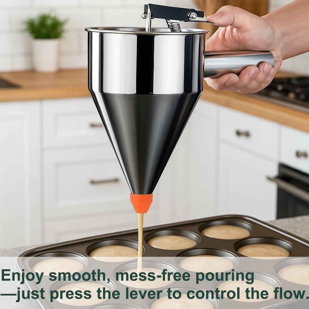 LunaCozy Pancake Batter Dispenser – 40oz Stainless Steel No-Drip Funnel, 4 Interchangeable Silicone Nozzles, Easy Control Batter Dispenser for Pancakes, Cupcakes, Funnel Cakes, Muffins & More
