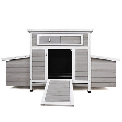 KEIKI Large Wooden Chicken Coop, Outdoor Hen House, Poultry Cage, Rabbit Hutch, Wooden Poultry Cage for Outdoor with 2 Sides Nesting Boxes, Gray+White
