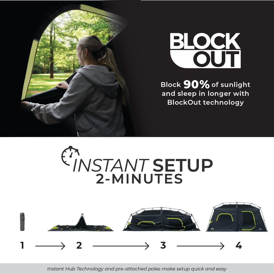CORE Blackout 9 Person Instant Cabin Tent | Large Multi Room Family Pop Up Dark Room Tent for 2 Minute Camp Setup | Included Storage Pockets for Camping Accessories