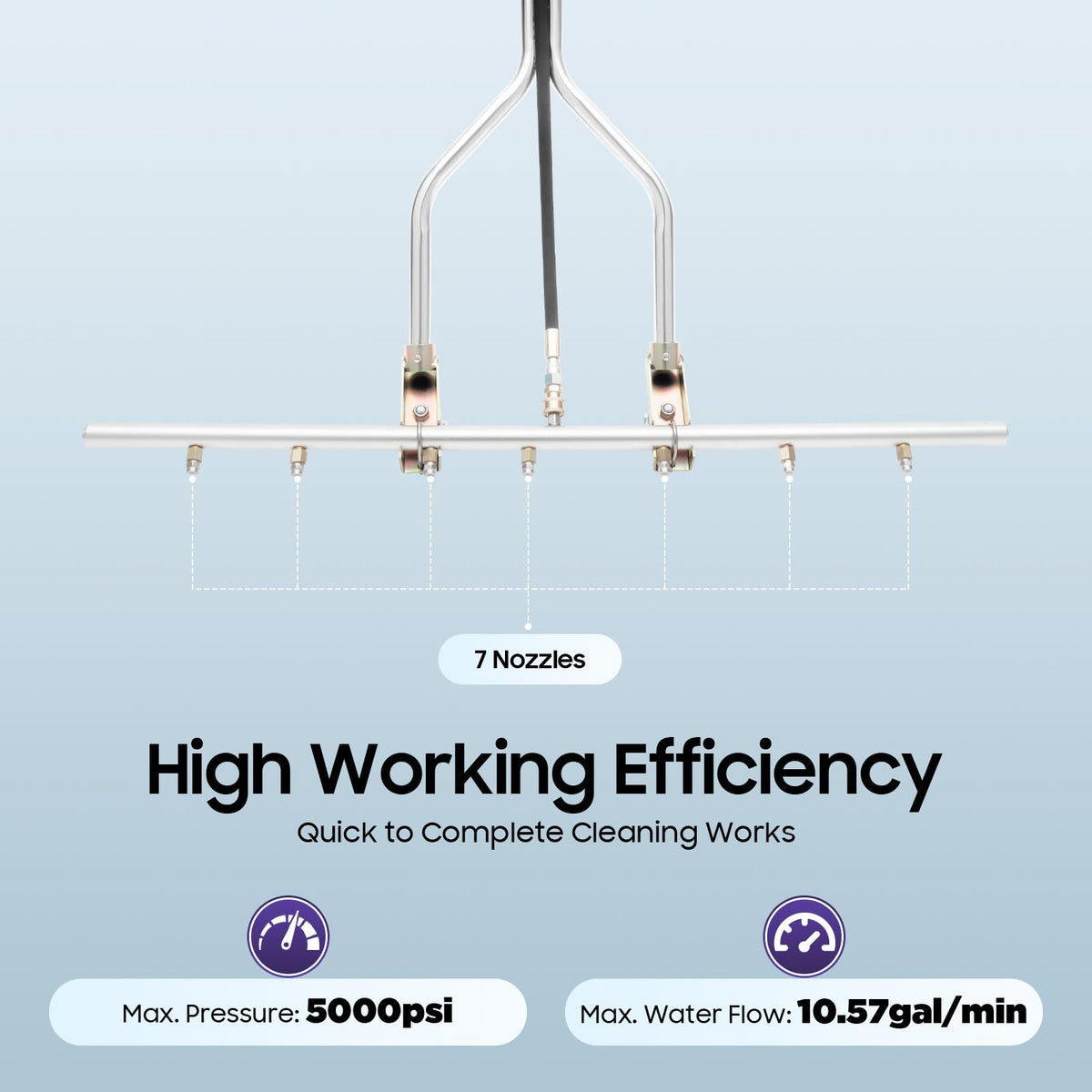 Pressure Washer Water Broom with 7 Nozzles, Stainless Steel, 39x63 Inch, 5000psi, 3/8'' Universal Interface