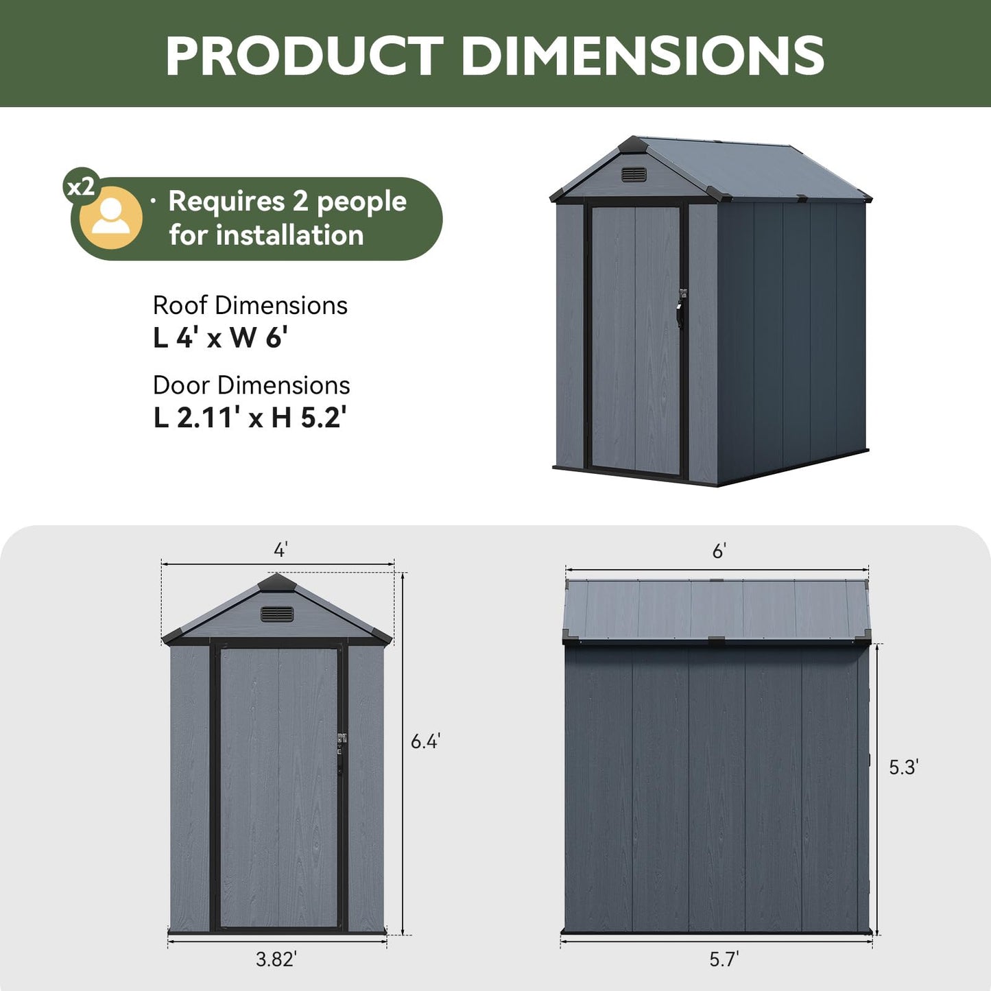 Aoxun 4x6 FT Resin Shed with Reinforced Floor, Outdoor Storage Shed, All-Weather Plastic Tool Storage with Lockable Door, Window & Vents for Garden, Patio, Bike & Garbage Can, Dark Gray