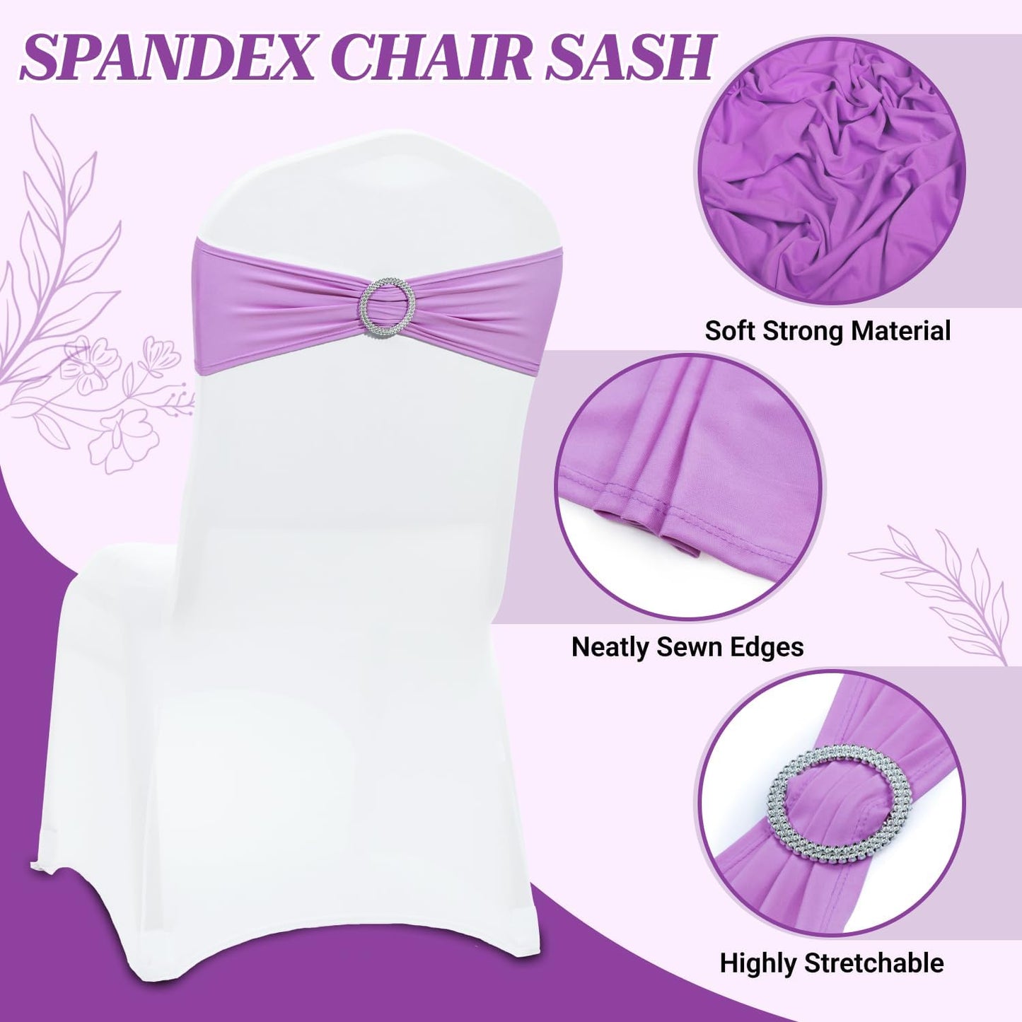 MDS Premium Spandex Chair Sashes - Stretchy Bow Covers with Buckle Slider | Pack of 50 - Light Purple