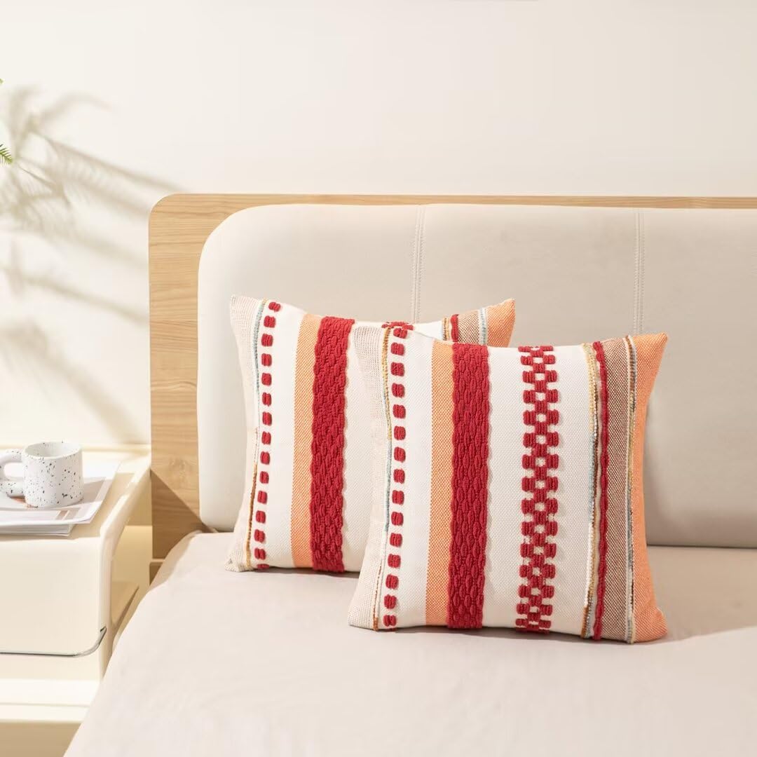 Boho Throw Pillow Covers 18x18 Set of 2 Farmhouse Decorative Cushion Case Striped Square Pillows Cover Chenille Pillow Cases Accent Neutral Pillowcase for Sofa Couch Bed,Sky Blue