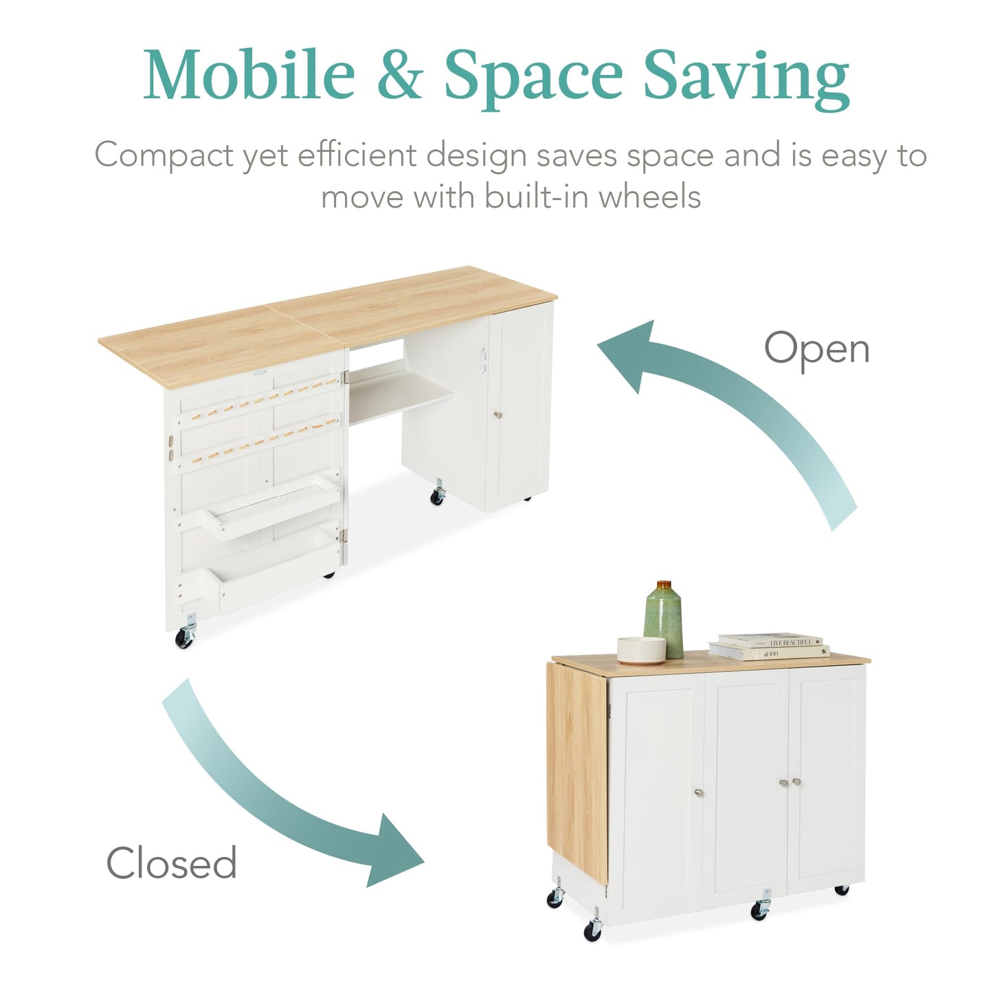 Best Choice Products Large Folding Sewing Table, Multipurpose Portable Craft Station & Side Desk w/Compact Design, Caster Wheels, Storage Shelves, 2 Storage Trays, Magnetic Doors - Natural/White